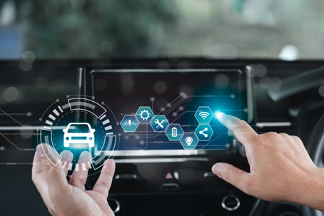Wireless connection technology in the smart car and virtual screens concept, Man point on the screen icon a car online connecting to the car system and safety technology, car inside background stock photo