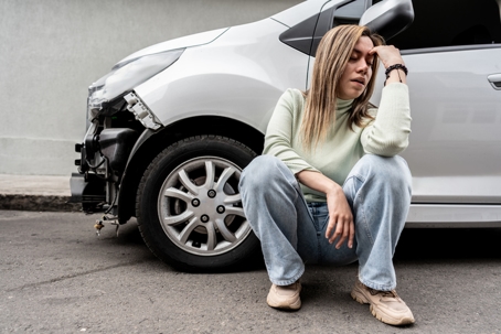 woman sitting in front of wrecked front end car accident
