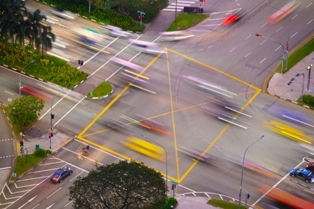 Aerial View of Busy Traffic Intersection stock photo