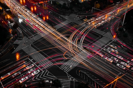 High Angle View Of Light Trails On City Street At Night