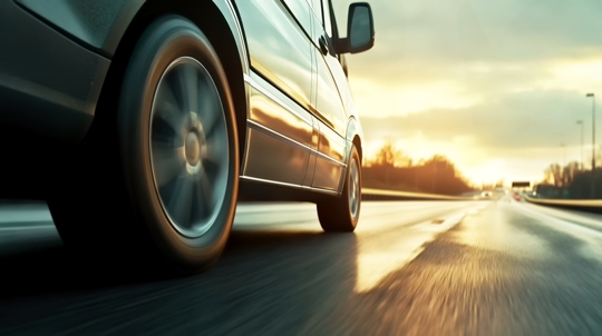 Car rushes along the highway at sunset , low angle side view stock photo