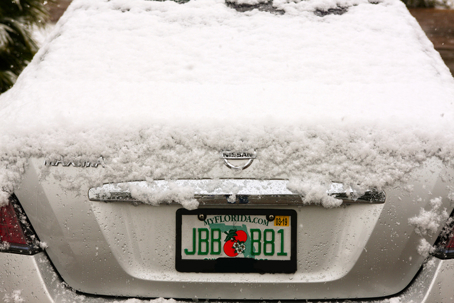 Vehicle with Florida plates covered in snow stock photo