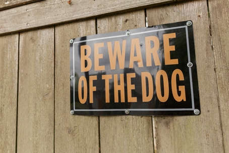 Beware of the Dog Sign on the Wooden Fence stock photo