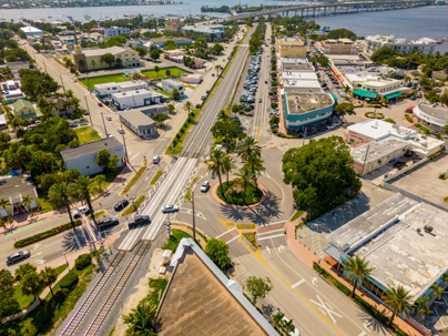 Aerial photo historic Downtown Stuart businesses and shops stock photo