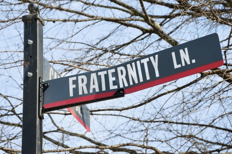 Fraternity lane road street sign on campus stock photo