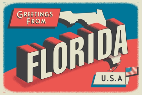 Greetings from Florida State USA retro postcard design layout with 3D vintage patriotic tourism style text design. Red and blue color palette with American flag stock illustration