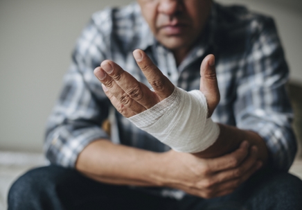 Man with a gauze bandage wrapped around his hand stock photo