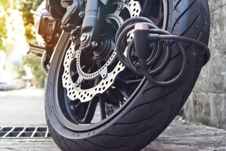 motorcycle with antitheft lock on back tire