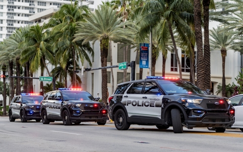 Police car outdoor. Emergency 911 service. Emergency vehicle of police 911. Police car Ford Interceptor, corner view. Ford Interceptor. Police authority stock photo