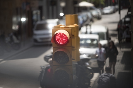 Red traffic light on the street stock photo