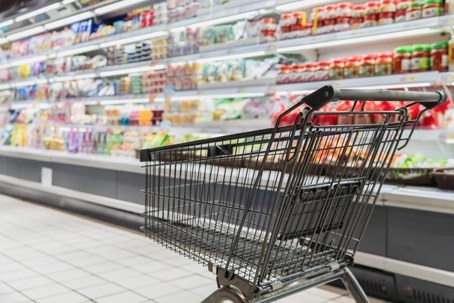 Empty Shopping Cart in Grocery Store stock photo