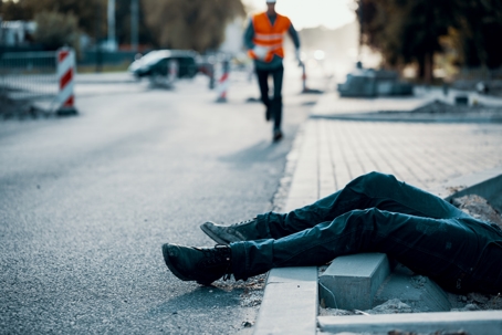 Died person on the street after accident at roadworks. Result of non-compliance with health and safety regulations stock photo
