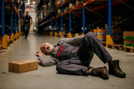 A painful manual worker lying down injured at the warehouse