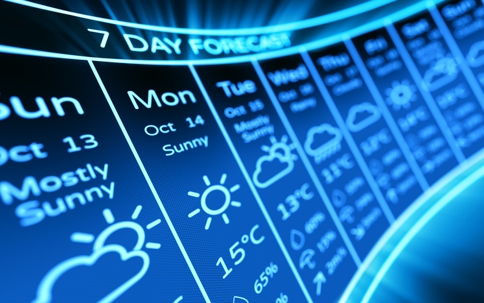 Weather forecast on a digital display. 7 day dashboard. 3d illustration. stock photo