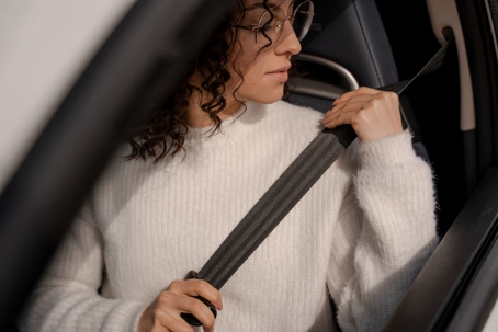 A cropped shot of a young woman putting on her seatbelt in her vehicle.
